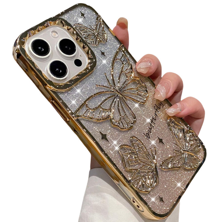 YTanazing Glitter 3D Butterfly Case for iPhone 16 Pro MaxCute Luxury Bling Sparkle Slim Plating Cover Women Girls Case f