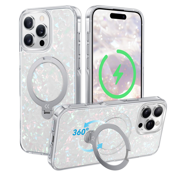 CASEKOO Genuine Pearl Shell for iPhone 16 Pro Case with 360 Spin Magnetic Stand Compatible with Magsafe 16FT Drop Protec