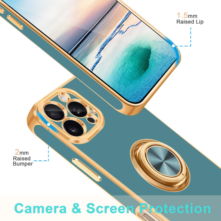 Fingic for iPhone 16 Pro Casewith 360Rotatable Ring HolderSupport Magnetic Car Mount Shiny Plating Gold Slim Thin Soft T