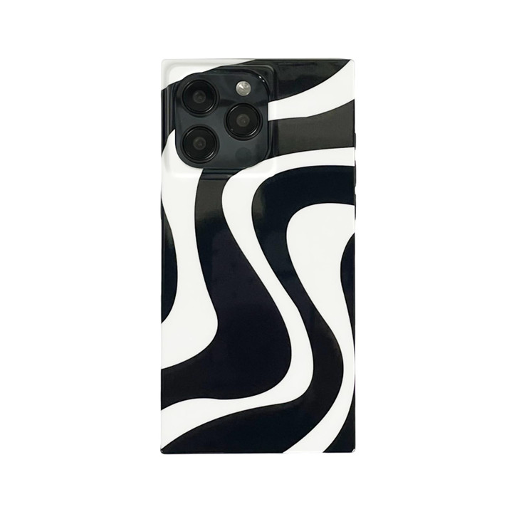 Reezaddin Rectangle Phone Case for iPhone 16 Pro 2024 Black White Swirl Striped Aesthetic Retro Cute Zebra Wave Pattern