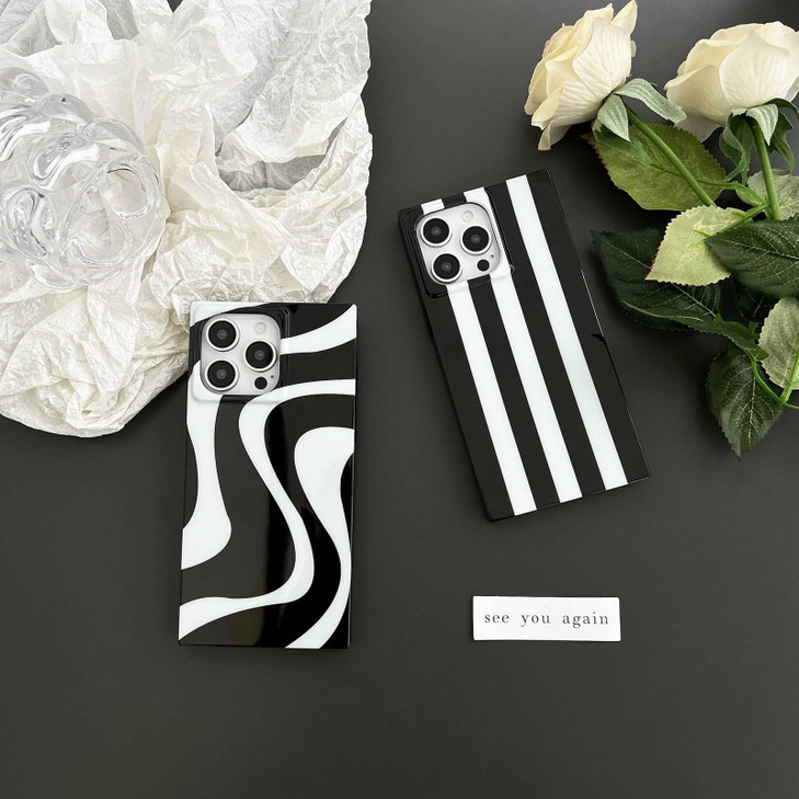 Reezaddin Rectangle Phone Case for iPhone 16 Pro 2024 Black White Swirl Striped Aesthetic Retro Cute Zebra Wave Pattern