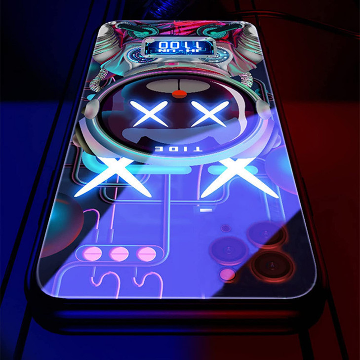 YJHWLF Compatible with iPhone CaseLED Colorful Glowing Tempered Glass Back Cover Bumper ShockproofforCool Women and MenP
