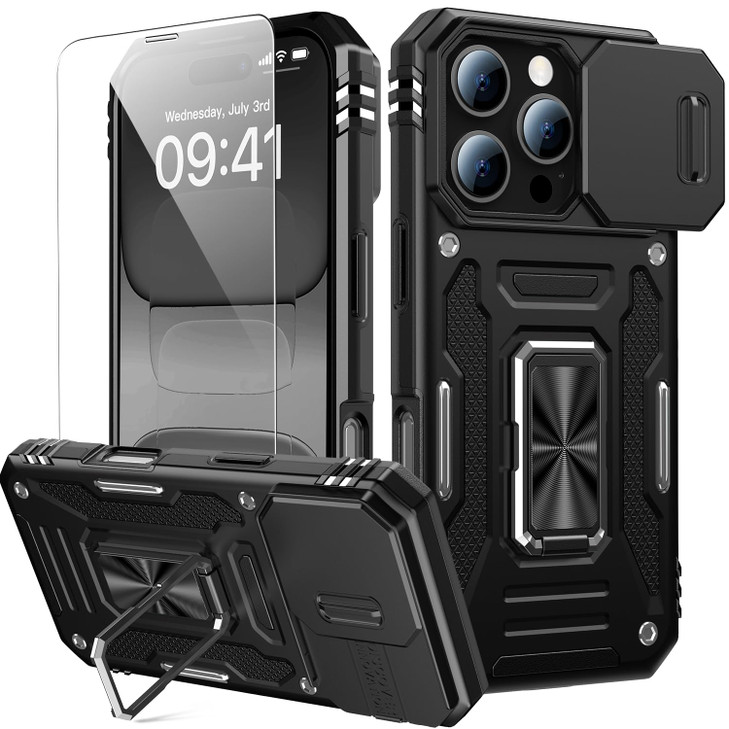 Goodon for iPhone 16 Pro Max Case with Sliding Camera Cover Screen Protector Magnetic Rotated Ring Kickstand MilitaryGra