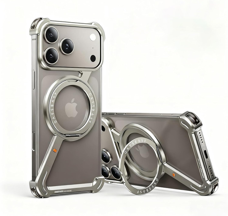 HUHUCASE Natural Titanium for iPhone 17 Pro Max 69 Inch Case 360 Rotating Magnetic Holder Aluminum Metal Frameless Desig
