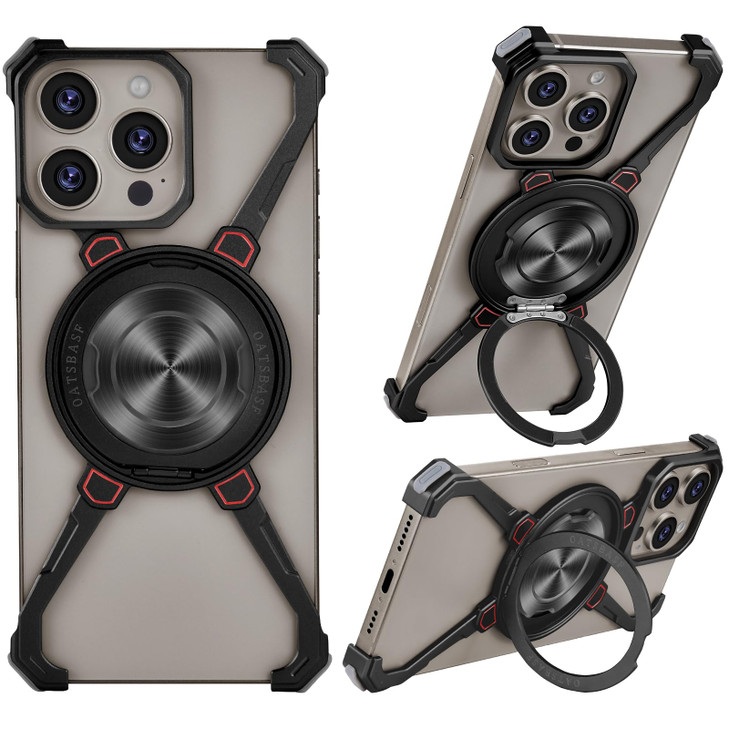 OGRANEE Metal Frameless Case for iPhone 16 Pro Max with Mag Safe Kickstand 360 Rotatable Minimalist Slim Hard Bumper Sho