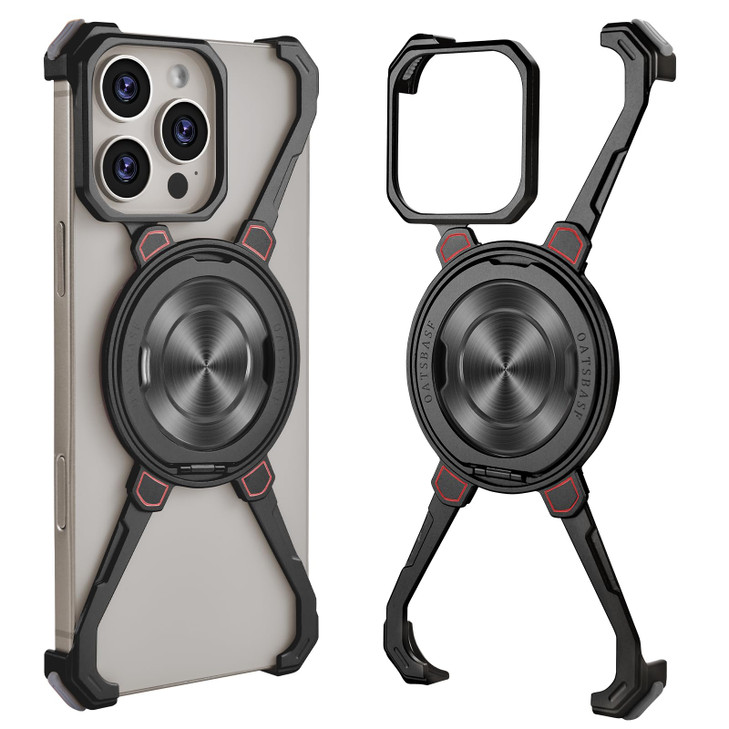 OGRANEE Metal Frameless Case for iPhone 16 Pro with Mag Safe Kickstand 360 Rotatable Minimalist Slim Hard Bumper Shockpr