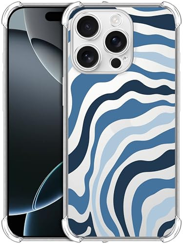 SuzaCase Clear Case for iPhone 16 Pro iPhone 16 Pro Case with Stylish Blue Wave Pattern Printed Durable Clear Shockproof
