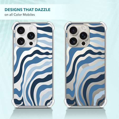 SuzaCase Clear Case for iPhone 16 Pro iPhone 16 Pro Case with Stylish Blue Wave Pattern Printed Durable Clear Shockproof