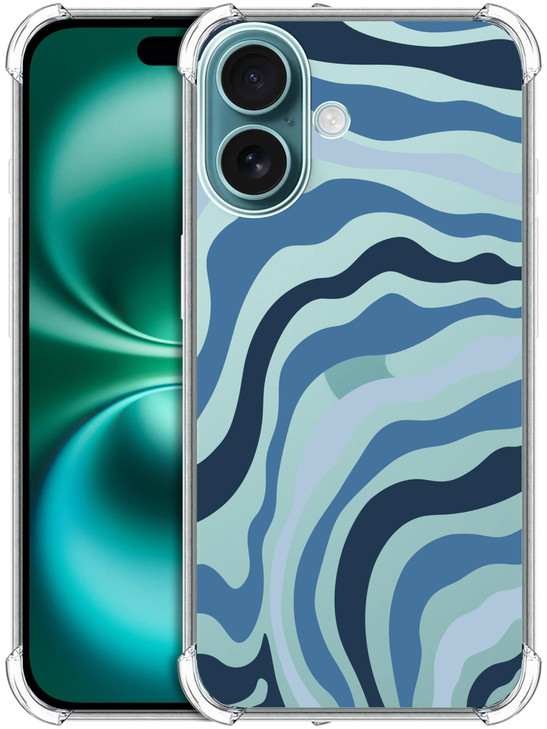 SuzaCase Clear Case for iPhone 16 iPhone 16 Case with Stylish Blue Wave Pattern Printed Durable Clear Shockproof Drop Pr