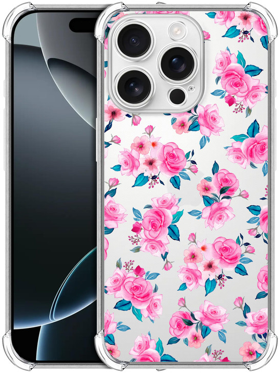 SuzaCase Clear Case for iPhone 16 Pro iPhone 16 Pro Case with Stylish Rose Floral Pattern Pink Printed Durable Clear Sho