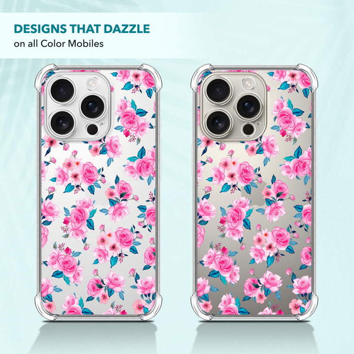 SuzaCase Clear Case for iPhone 16 Pro iPhone 16 Pro Case with Stylish Rose Floral Pattern Pink Printed Durable Clear Sho
