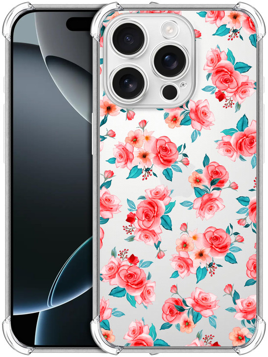 SuzaCase Clear Case for iPhone 16 Pro Max iPhone 16 Pro Max Case with Stylish Rose Floral Pattern RED Printed Durable Cl