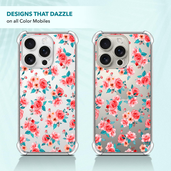 SuzaCase Clear Case for iPhone 16 Pro iPhone 16 Pro Case with Stylish Rose Floral Pattern RED Printed Durable Clear Shoc