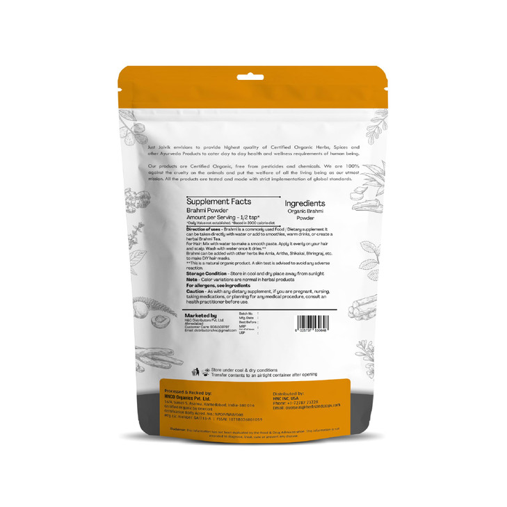 Just Jaivik 100% Organic Brahmi Powder Bacopa Monnieri- USDA Certified Organic, 227 GMS / 1/2 LB Pound / 08 Oz