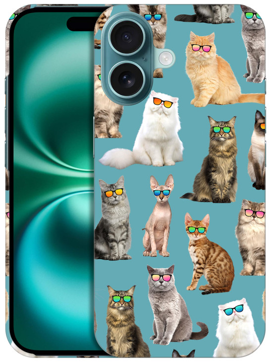 GlamCase for iPhone 16 iPhone 16 Case Cat Pattern with Sunglasses Teal Design Printed Slim Sleek Cute Plastic Hard Prote