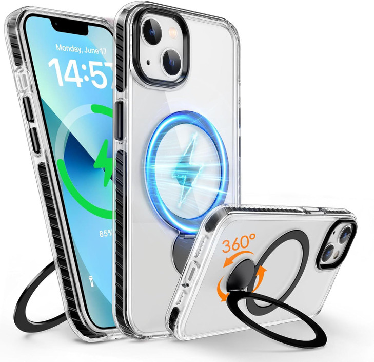 Crystal Clear Strong Magnetic Case for iPhone 1314 with 360 Rotatable Ring Stand Compatible with MagSafe Magnetic Car Ph
