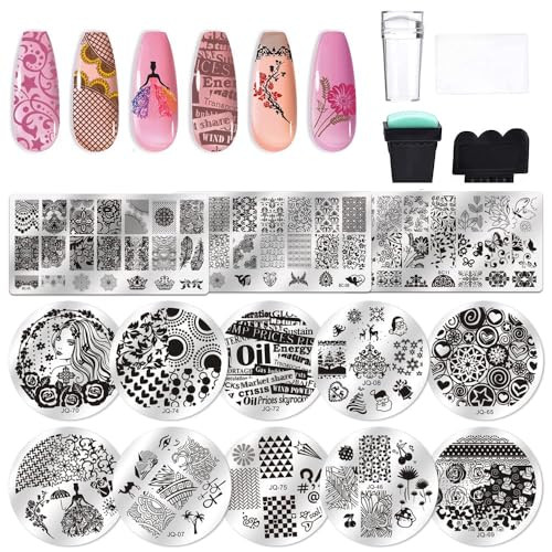 Biutee Nail Stamping Plate Kit 2 Nail Stamper 13 Nail Art Stamp Plate Set 2 Scraper Nail Stamping Kit Template Image Plate Stencils Tool for Manicure