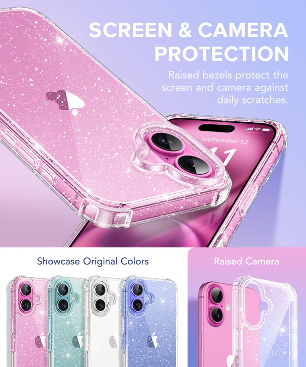 BERFY Compatible with iPhone 16 Plus Case Glitter with 9H Tempered Screen Protector Camera Lens Protector NonYellowing C
