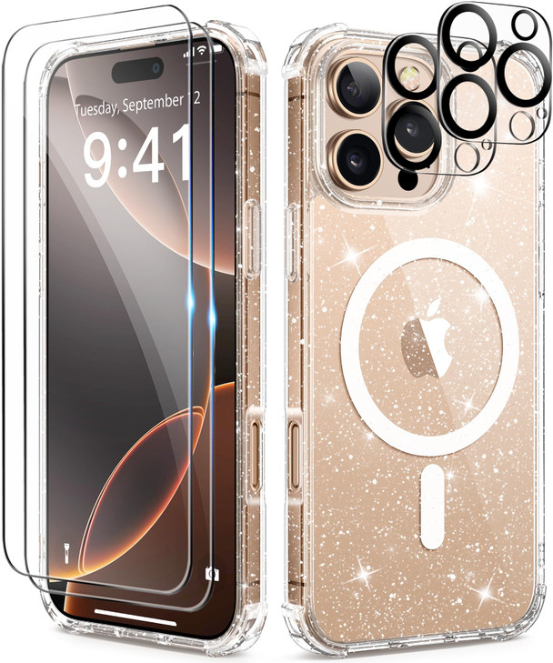 BERFY Case for iPhone 16 Pro Max Hard Phone Case Clear Glitter Shiny Clear Compatible with Magsafe with 2X Screen Protec