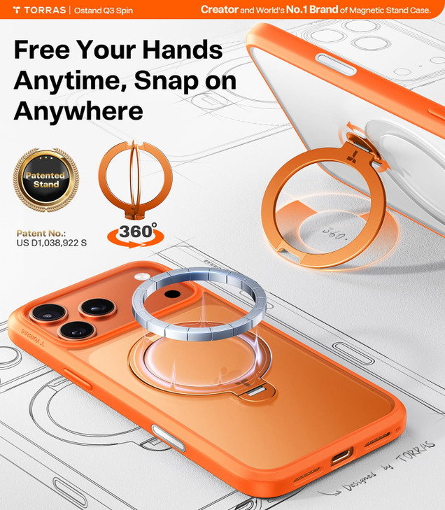 TORRAS Q3 Spin for iPhone 17 Pro Max Case with 360 Magnetic Stand Wireless Charging Compatible Hard PC Case for 17 Pro M
