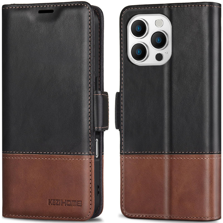 KEZiHOME Compatible with iPhone 16 Pro Max Wallet Case Genuine Leather Case Flip Cover RFID Blocking Card Holder Magneti