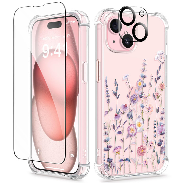 GVIEWIN for iPhone 15 Case Floral with Screen ProtectorCamera Lens ProtectorNon Yellowing Soft Shockproof Clear Phone Pr
