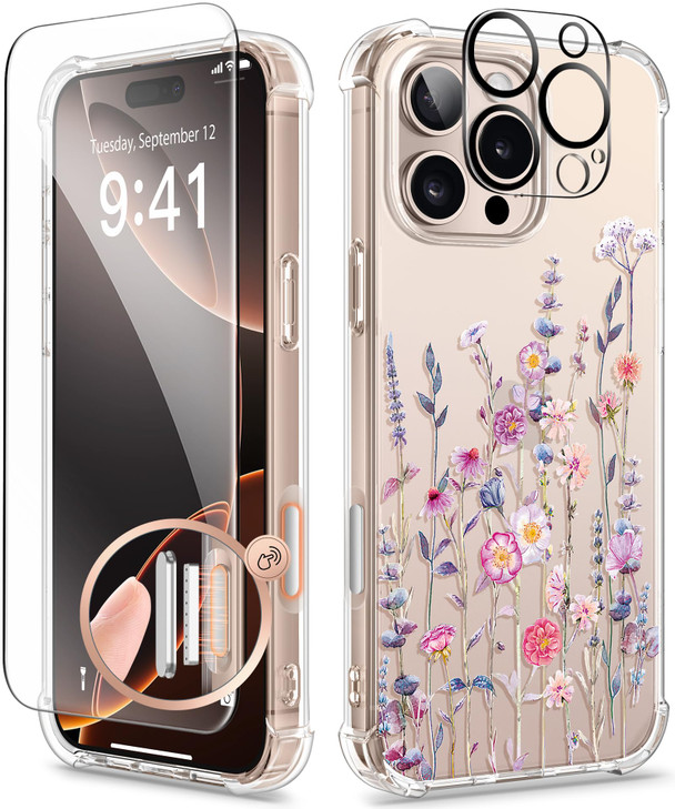 GVIEWIN for iPhone 16 Pro Max Case Floral with Screen ProtectorCamera Lens ProtectorNon Yellowing Slim Shockproof Clear