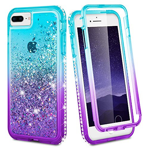 Ruky for iPhone 6 Plus 6s Plus 7 Plus 8 Plus Case Glitter Clear Women Full Body Rugged Liquid Cover with Builtin Screen