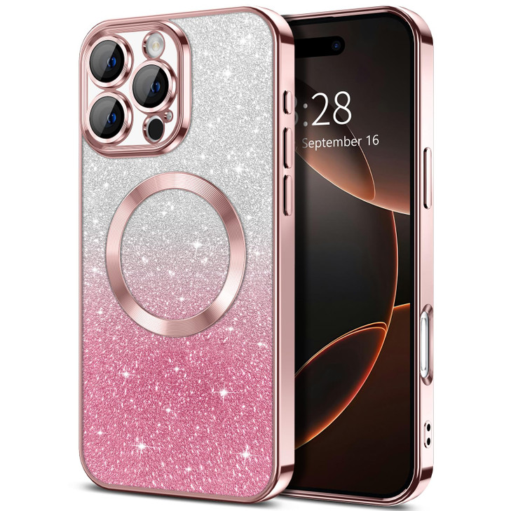 Hython for iPhone 16 Pro Max Case Clear Magnetic Glitter Phone Cases Compatible with MagSafe Full Camera Lens Protector