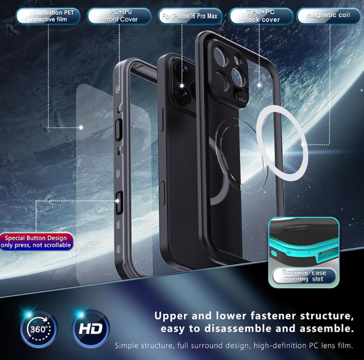 Hllhunkhe for iPhone 16 Pro Max Case Waterproof Builtin Screen Protector Compatible with Magsafe IP68 Underwater Full Bo
