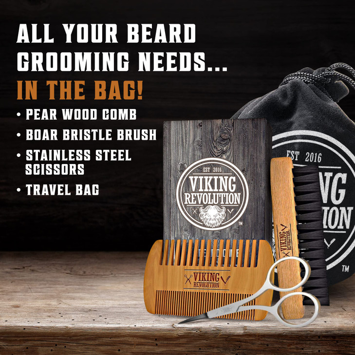 Viking Revolution Beard Comb & Beard Brush Set for Men -- Natural Boar Bristle Brush and Dual Action Pear Wood Comb w/Velvet Travel Pouch - Great for