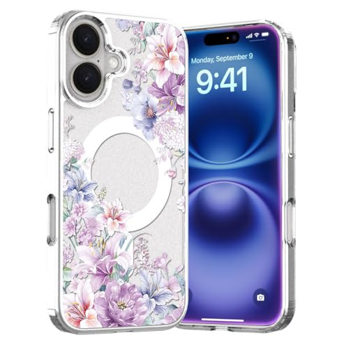 Akeivare for iPhone 16 Magsafe Case Slim Floral Shockproof Protective Hard PCTPU Cute Bumper Flower Cover Women Magnetic