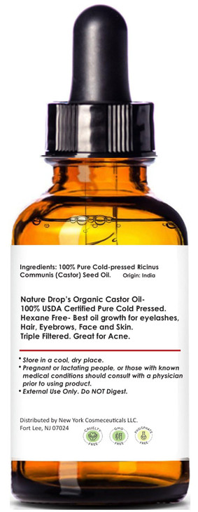 Nature Drop Organic Castor Oil,2 oz - 100% USDA Certified Pure Cold Pressed Hexane free - Best oil Growth For Eyelashes, Hair, Eyebrows, Face and Ski