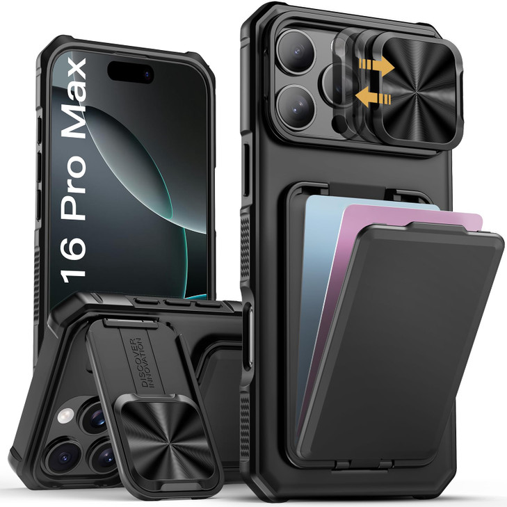 SSLOTSCASE for iPhone 16 Pro Max Case with Card Holder Kickstand Slide Camera Lens Cover Silicone Edge Protection Rugged