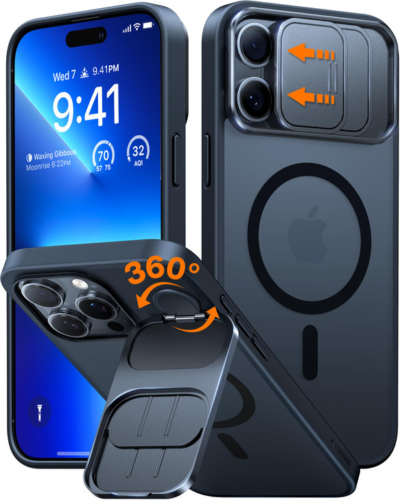 TORRAS for iPhone 16 Pro Max Case with Slide Camera Cover Rotatable Kickstand Magnetic Shockproof Military Grade Drop Pr