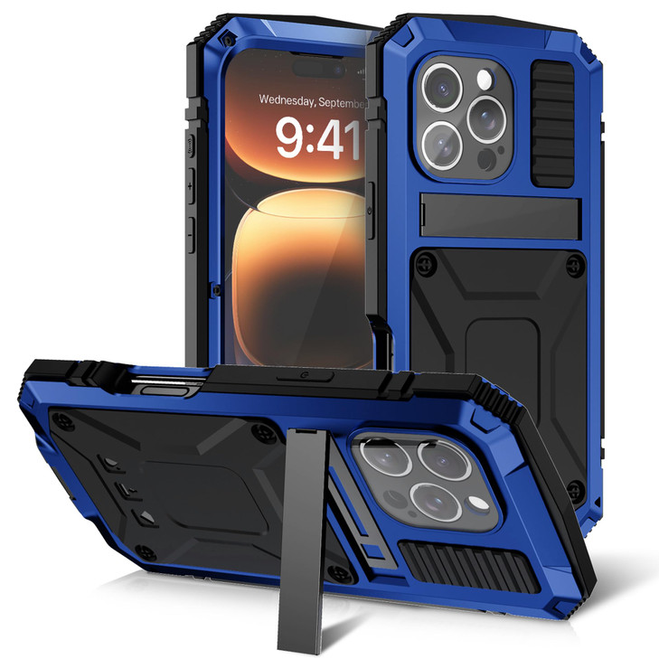 FunnyWin Metal Case for iPhone 16 Aluminum Military Grade Rugged Case with Metal Stand Screen Protector Drop Tested Shoc