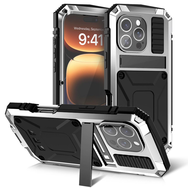 FunnyWin Metal Case for iPhone 16 Aluminum Military Grade Rugged Case with Metal Stand Screen Protector Drop Tested Shoc