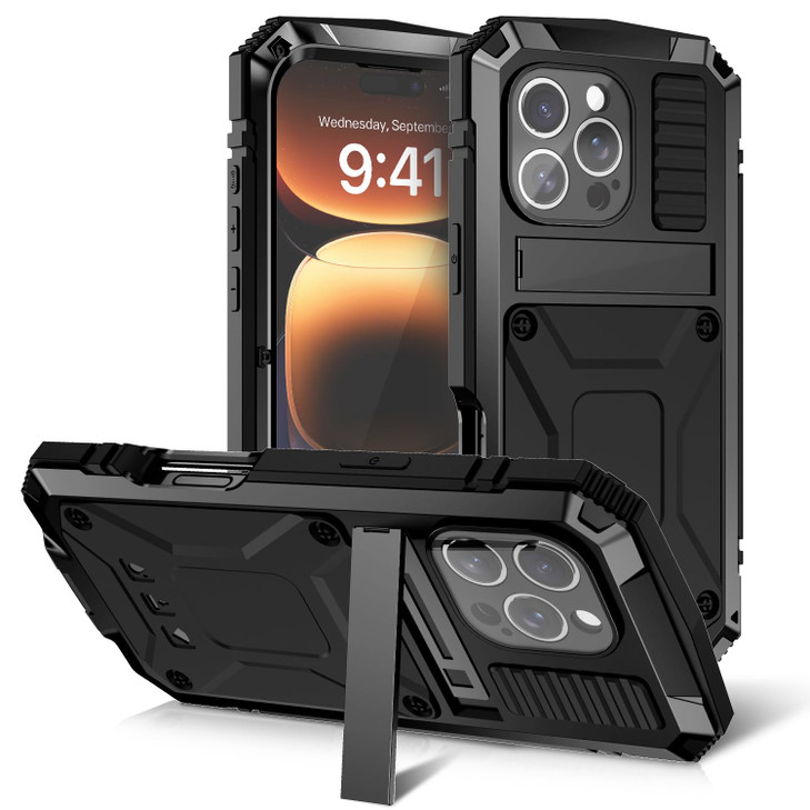 FunnyWin Metal Case for iPhone 16 Plus Aluminum Military Grade Rugged Case with Metal Stand Screen Protector Drop Tested