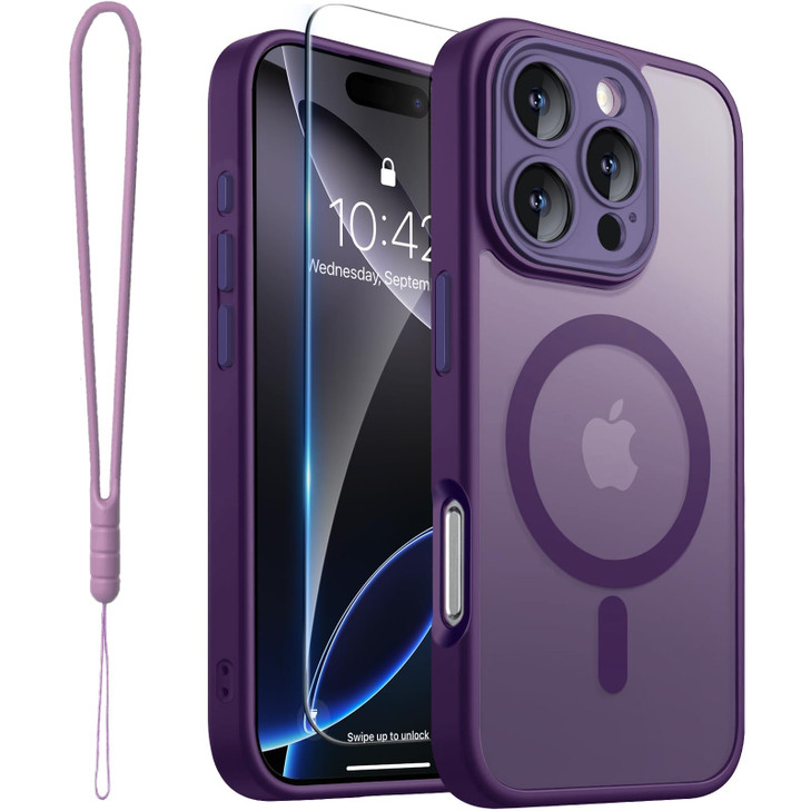 ROYBENS for iPhone 16 Pro Case Matte Clear Compatible with Magsafe Screen Protector Wrist Strap Full Camera Lens Protect