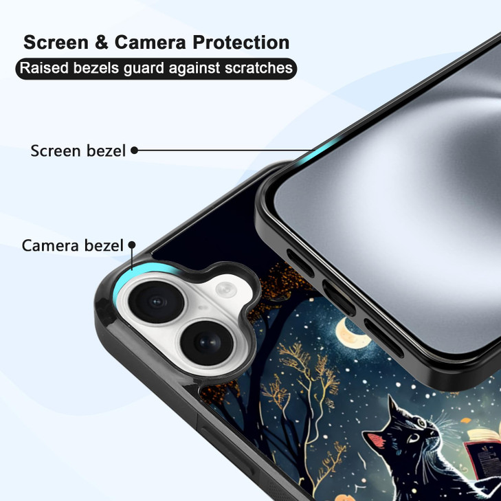 MMYAJT Black Whimsical Cat Phone Case Compatible with iPhone 16 Plus Moon iPhone Case Shockproof Cute Black Cat Phone Co