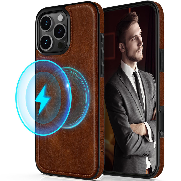 LOHASIC for iPhone 16 Pro Leather Case Strong Magnetic Compatible with MagSafe Classic Cover Full Protective Men Phone C