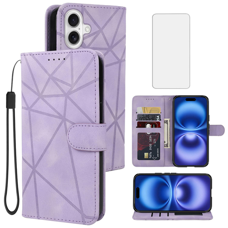 Tothedu Case for iPhone 16 Wallet Case with Tempered Glass Screen Protector Flip Leather Credit Card Holder Wrist Strap