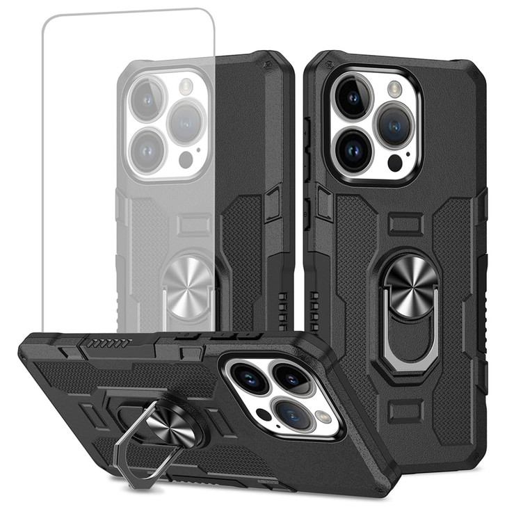 Ueokeird Case for iPhone 16 Pro Max Case with Tempered Glass Screen Protector Heavy Duty Protection with Metal Ring Magn