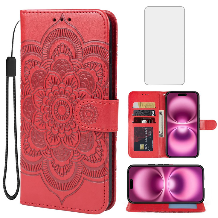Bohefo Case for iPhone 16 Plus Wallet Case with Tempered Glass Screen Protector Mandala Leather Flip Credit Card Holder