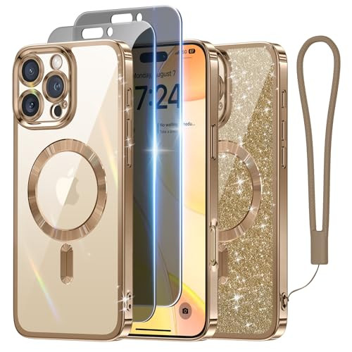 Meifigno for iPhone 16 Pro Max Case with 2X Privacy Screen Protectors Glitter Card Wrist StrapCompatible with MagSafe Su