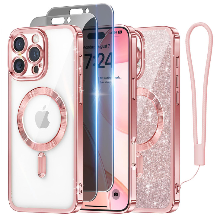 Meifigno for iPhone 16 Pro Max Case with 2X Privacy Screen Protectors Glitter Card Wrist StrapCompatible with MagSafe Su