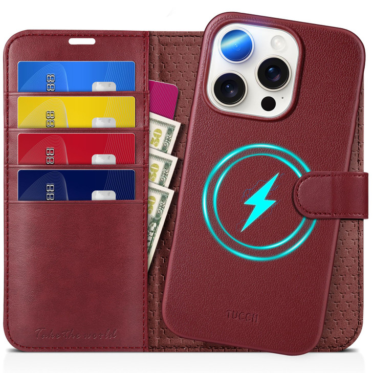 TUCCH Case Wallet for iPhone 16 Pro Detachable PU Leather Removable Cover Compatible with iPhone 16 Pro Red