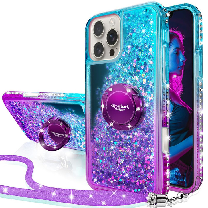 Silverback for iPhone 16 Pro Max Case Moving Liquid Holographic Sparkle Glitter Case with Kickstand Girls Women Bling Di