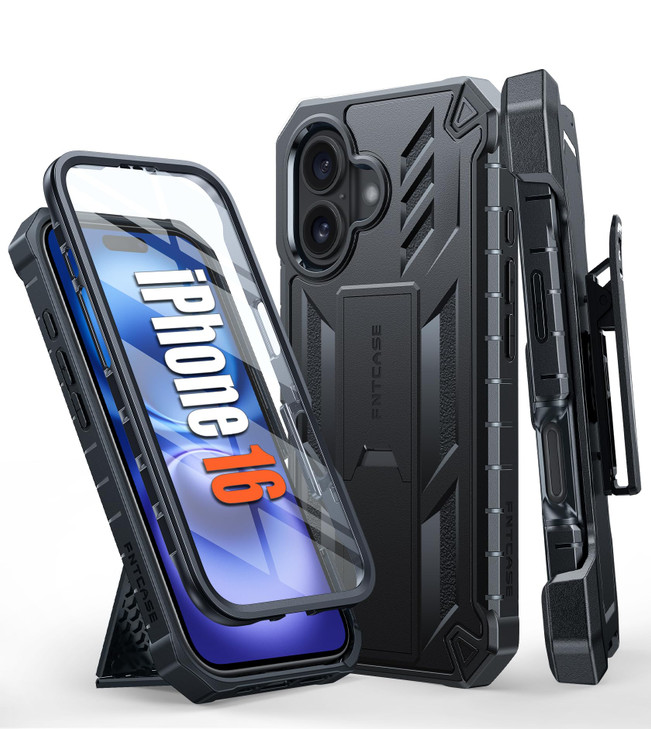FNTCASE for iPhone 16 Phone Case Military Grade Rugged Cell Phone Cover with Kickstand Holster Shockproof TPU Protection