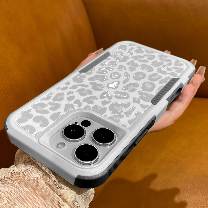 Burmcey Case for iPhone 16 Pro Max White Leopard Light Gray Cheetah Print Heavy Duty Tough Rugged Full Body Protection S